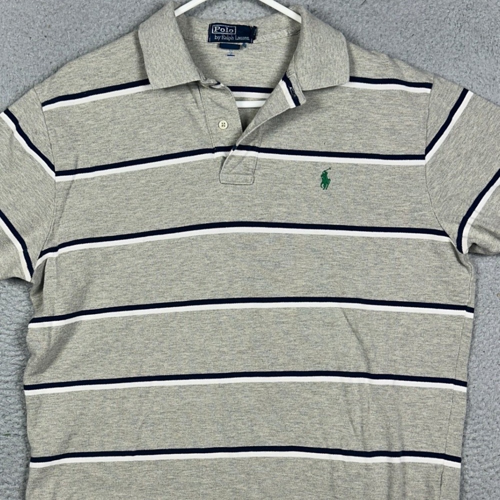 Ralph Lauren Polo Shirt Mens Large Gray Golf Rugby Short Sleeve Striped Pony EUC